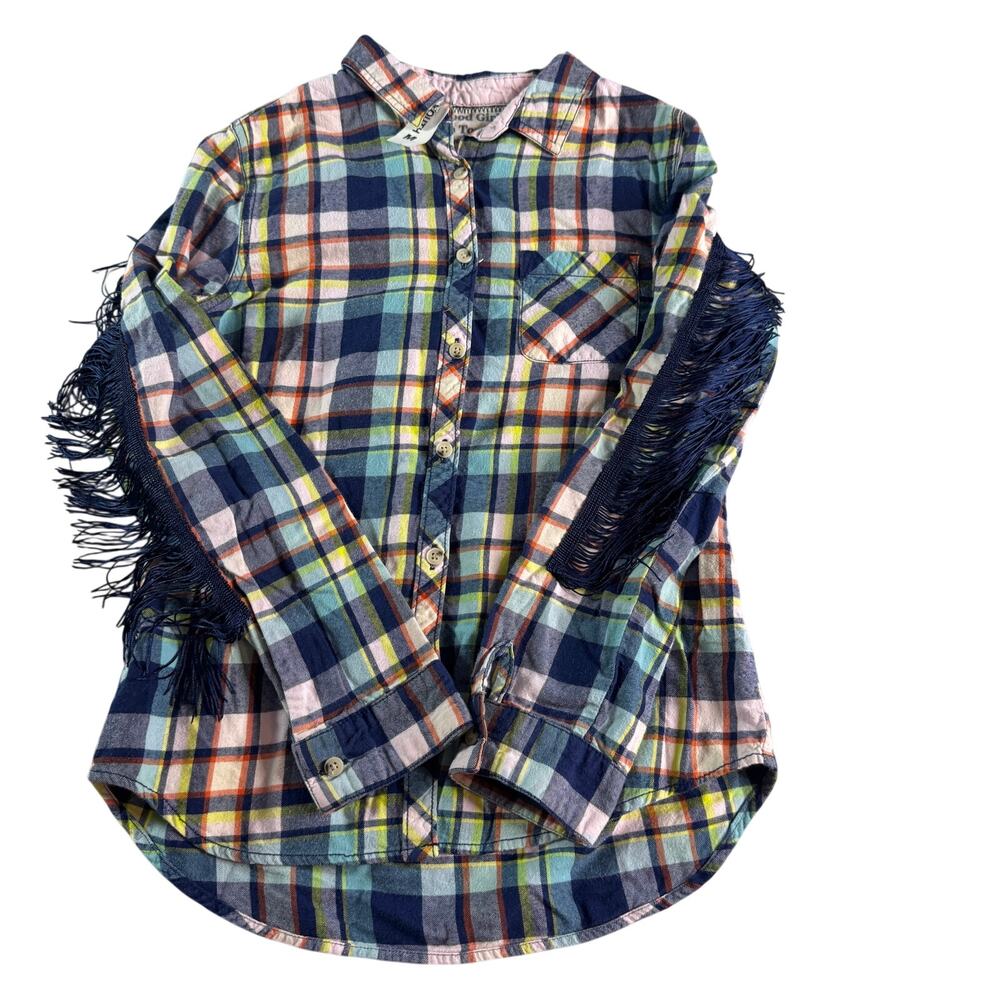 Swanky Vine Youth M Plaid Fringe Shirt Western Boho Button Up Cotton Top